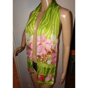 Vintage Green & Pink Floral Scarf tropical boho neck scarf pinup retro